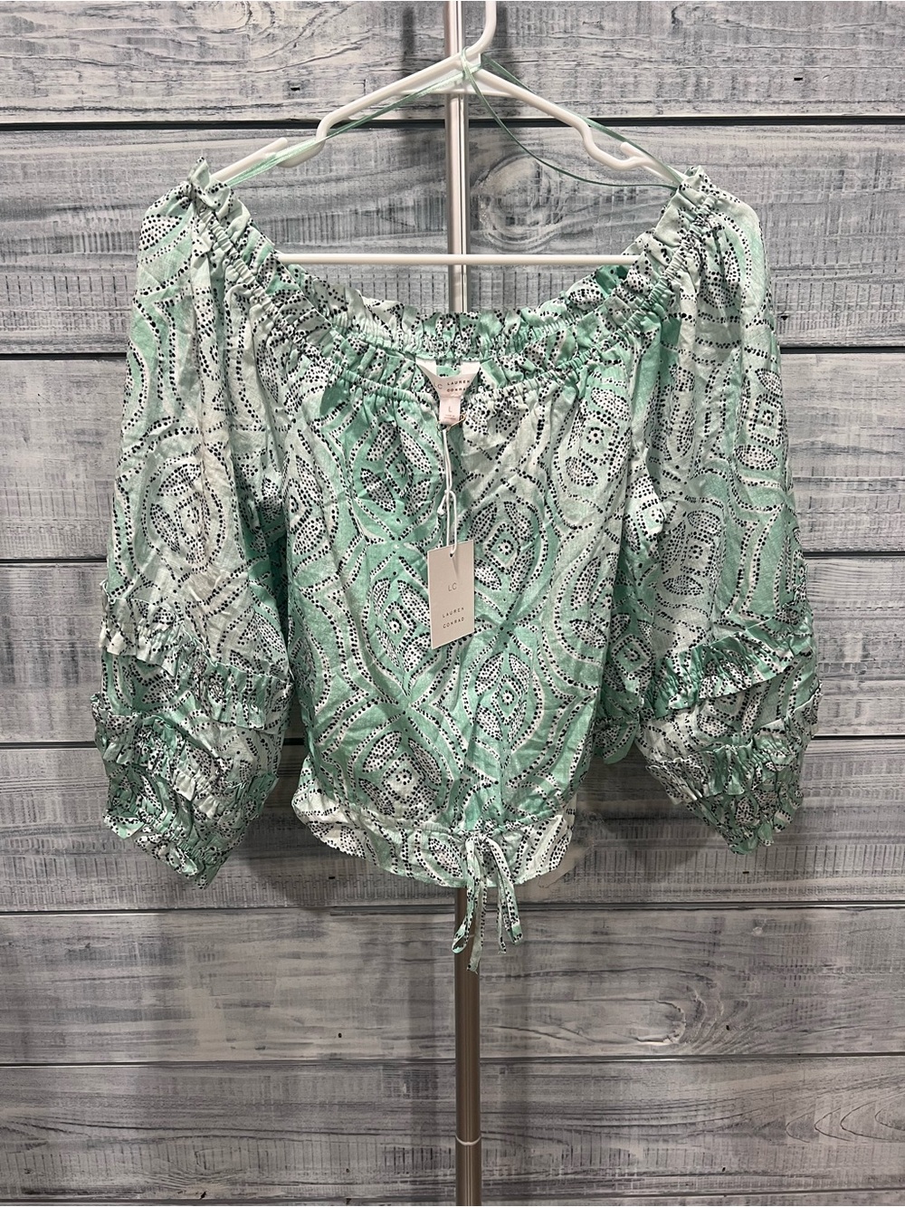LC Lauren Conrad Mint and White Printed Off-Shoulder Peasant Blouse